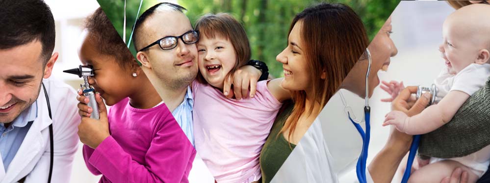 Three images from left to right. A doctor and a young child who is playing with a medical instrument. A family (mom, dad, and child) who is smiling. A doctor and a smiling baby with a stethoscope on the child's chest. 