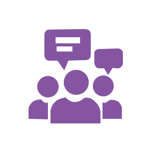 Purple icon of a team discussion. Three people with two chat bubbles above their heads.