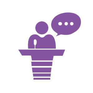 Purple icon of a person presenting at a podium with a chat bubble to the right